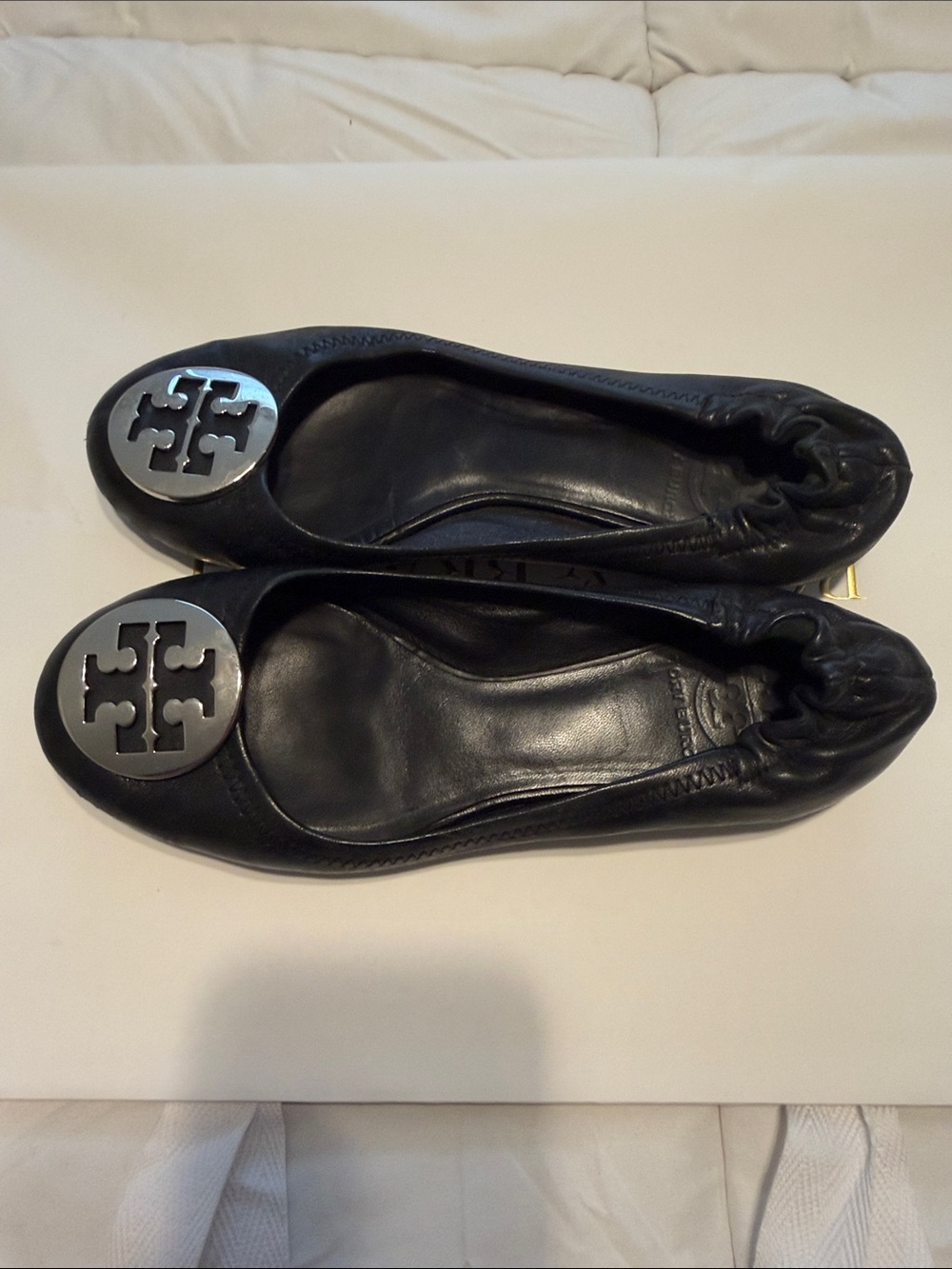 Tory Burch Black Leather Logo Ballet Flats